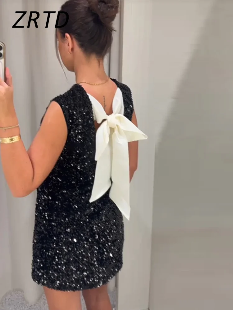 Robe Courte Sexy à Paillettes et à Lacets pour Femme Tenue de Soirée Slim, Col Rond, Dos aux, Couleur Unie, Chic, Balle, 2024