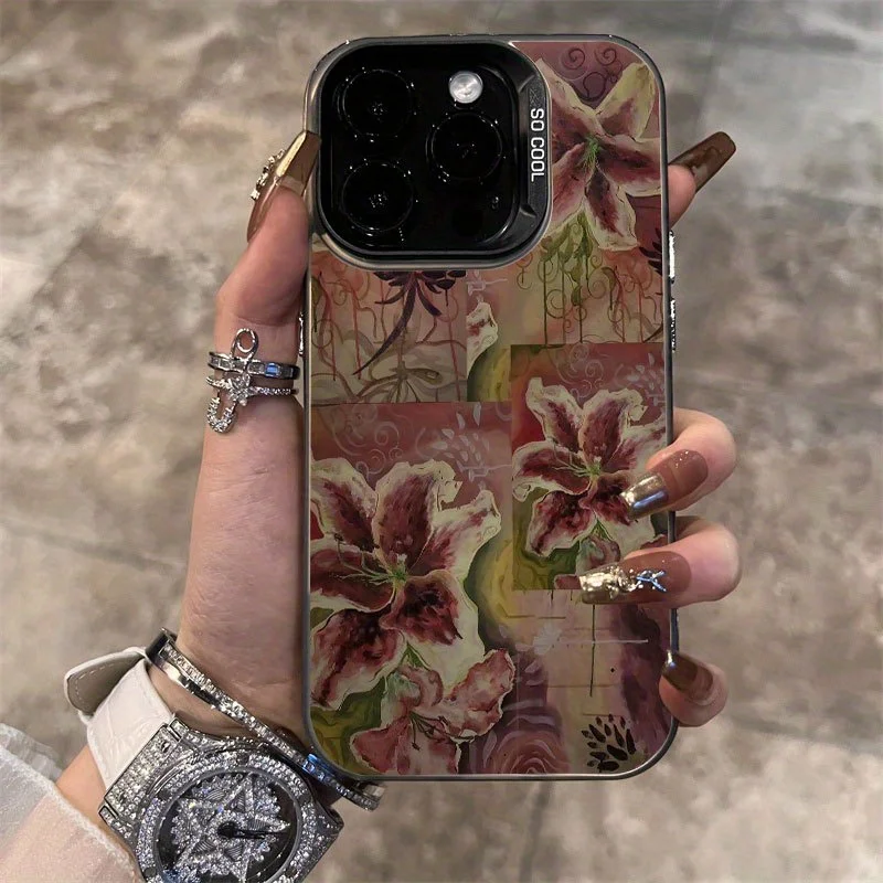 

Retro lily powder pattern phone case suitable for iPhone16 15 14 13 12 11 Pro/ Max /Plus shock-proof rear cover anti-fingerprint