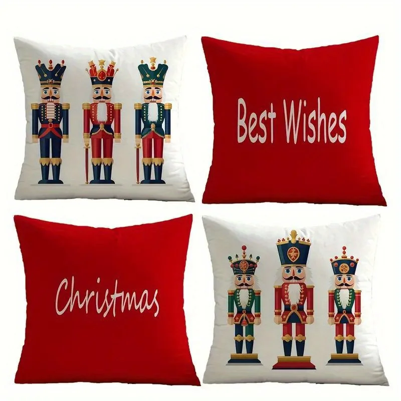 4pcs Set, 2D Flat Printing, Nutcracker Soldier Christmas Pillow Covers, Single-Sided Design, Polyester Material, Multiple Sizes