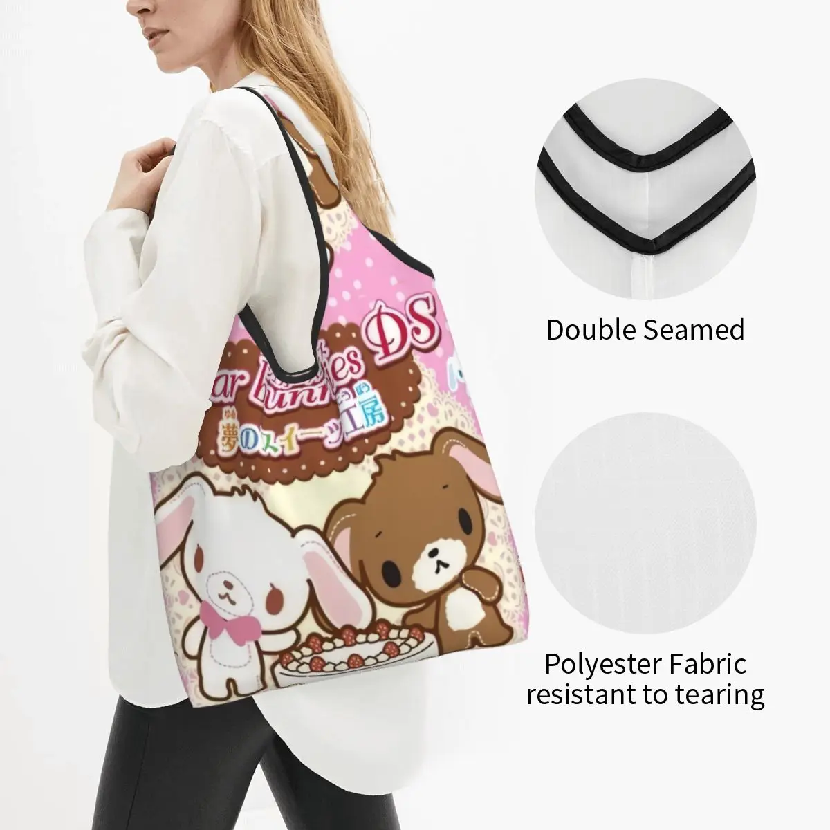 Custom Reusable Disney Cartoon Sugarbunnies Sanrio Japan Anime Shopping Bag Women Tote Bag Portable Grocery Shopper Bags