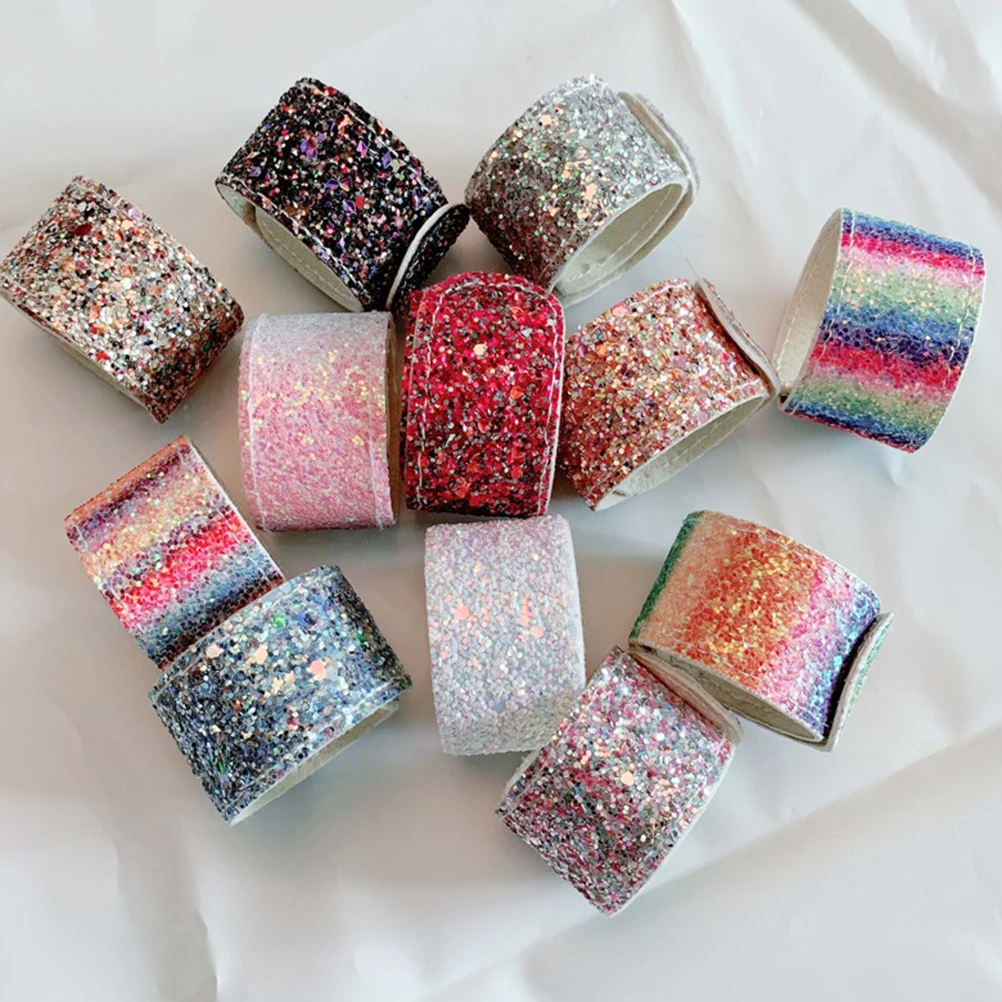 10 PCS Shiny Pink Bracelet Silicone Snap Bracelets for Kids Bands Sequins Colorful