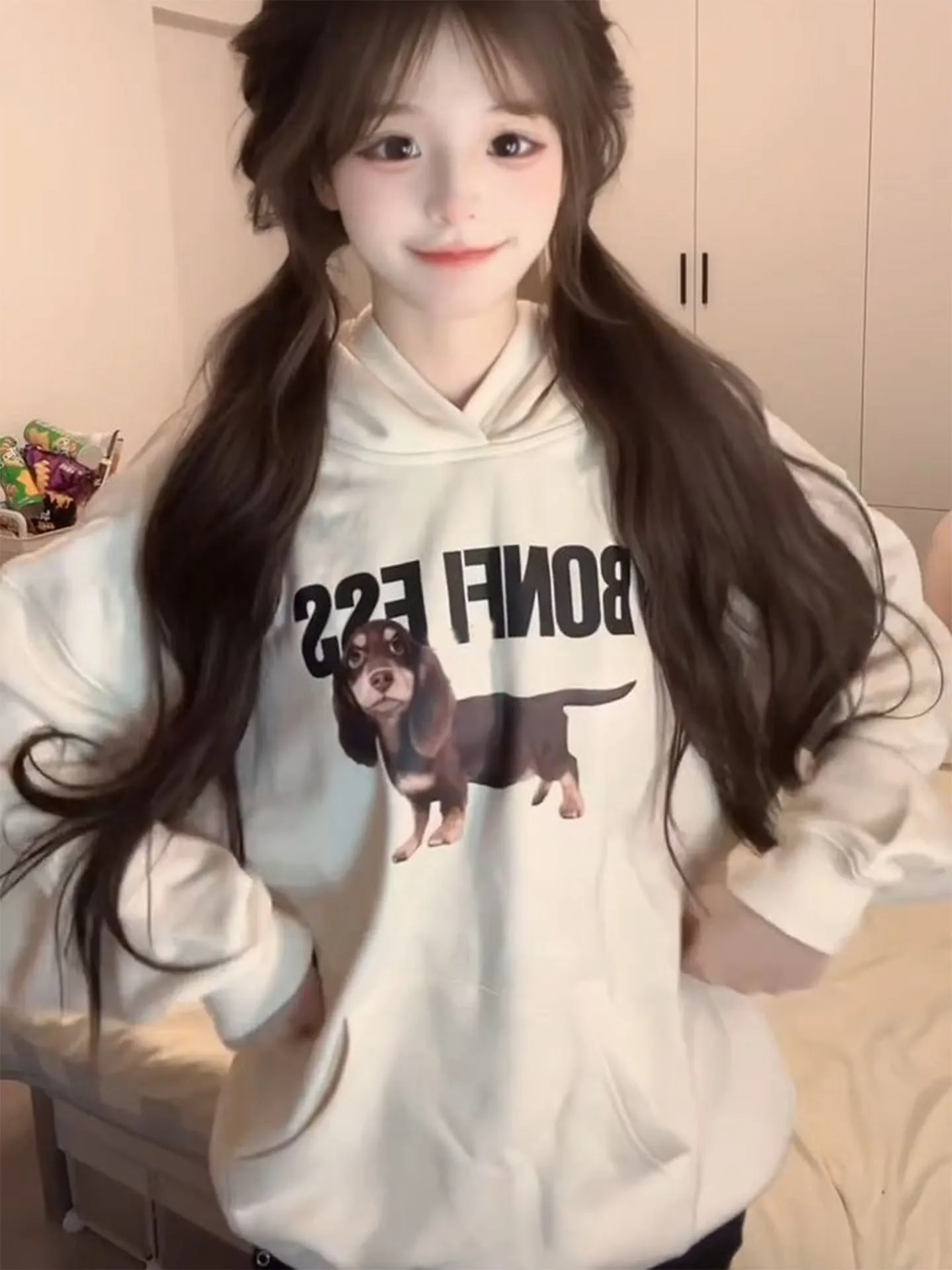 Loose Women's Hoodie Sweatirt Autumn Winter Sausage Dog Letter Print Light Tawny Color Hooded Jaet Casual Versatile Top