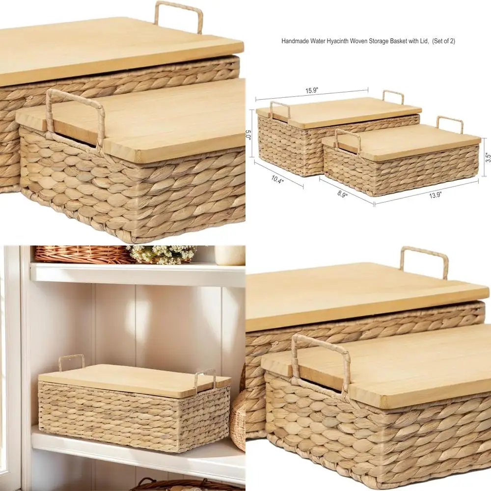 

Dual Set of Multipurpose Woven Water Hyacinth Storage Baskets with Lids