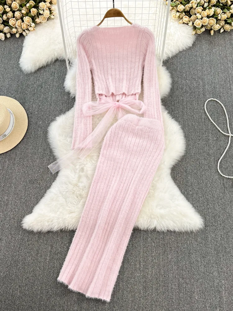 Korean Chic Sweet Knitted 2 Piece Set Women Sweater Crop Top + Bodycon Skirt Sets Girls Tops & Skirt Suits Casual Two Piece Sets