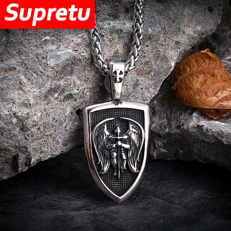 Viking Archangel Knight Necklaces Stainless Steel Shield Guardian Angel Wings Pendant Men Christian Amulet Faith Jewelry Gifts