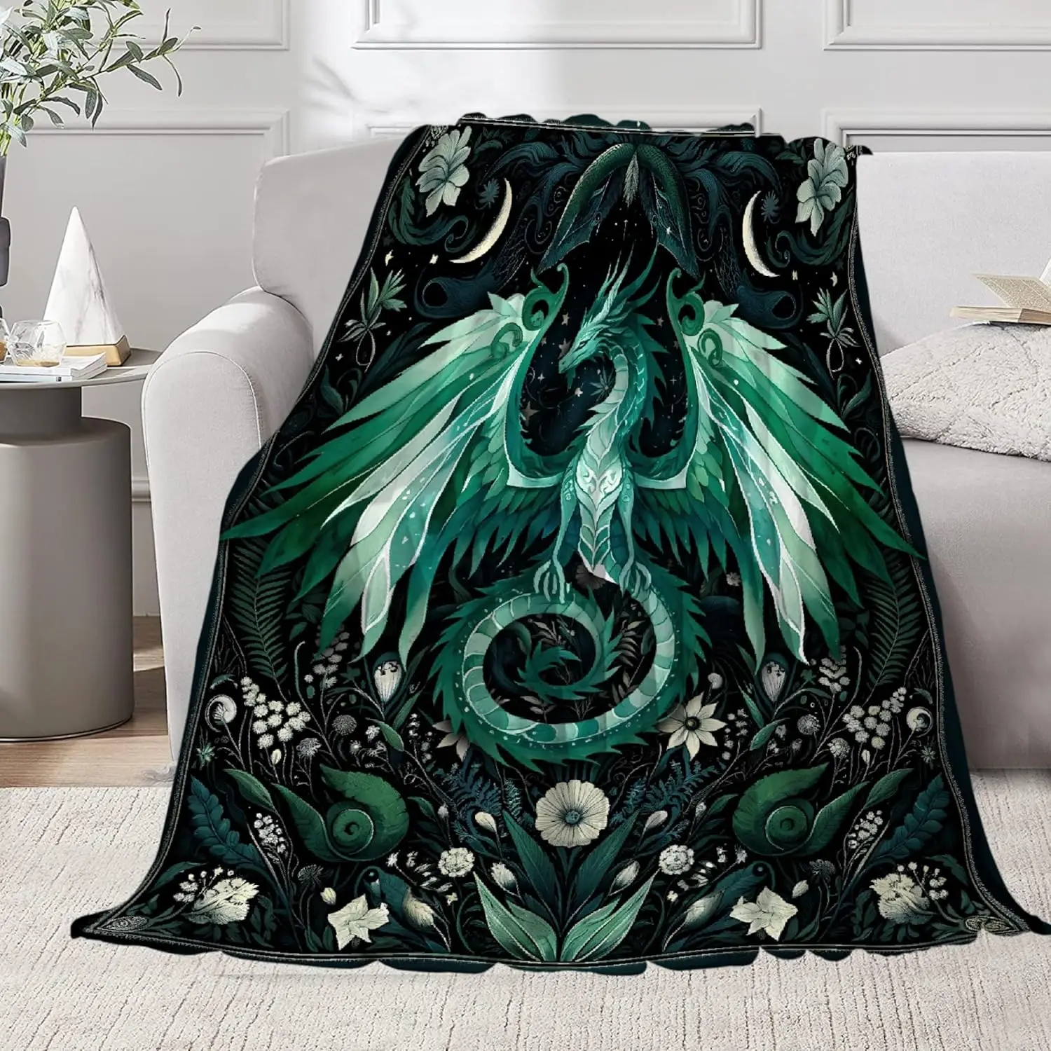 Dragon Blanket Gift for Woman Man Girls Boys Greens Dragon Gift for Dragon Lovers Soft Flannel Blanket for Living Room Couch