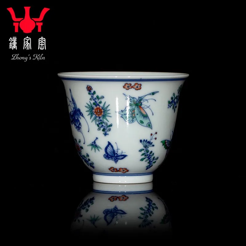 Zhongjia Kiln Tea Cup Single Cup Jingdezhen Porcelain Hand Painted Butterfly Figure Doucai Firewood Kiln Master Cup Personal Kun