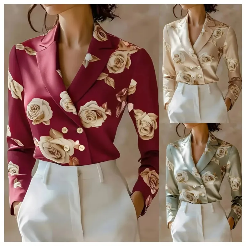 

Women's Blouses New Spring And Autumn Fashion Floral Print Double-breasted Long-sleeve Shirt For Women Elegant Women Clothing