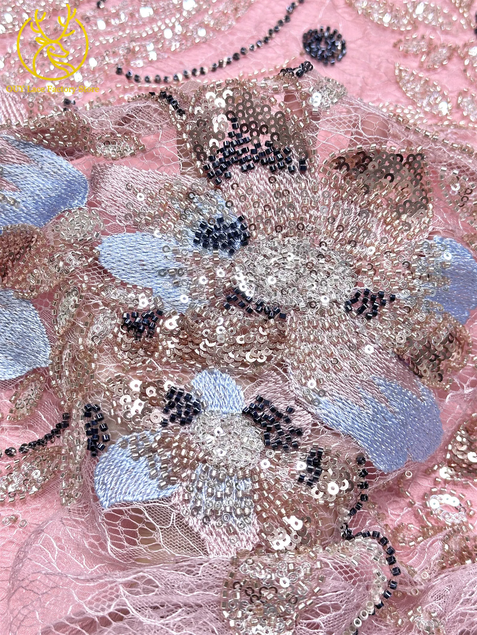 2026 Neues Design Afrikanischer 3D-Blumen-Stickerei Tüll-Netzstoff Nigerianische Französische Perlen-Pailletten-Spitze für Hochzeitskleider – Detail 7
