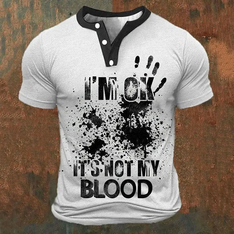 Funny 3D Letter Print Men's Henley Shirts Summer Street Clothing Fashion Loose Tees Casual Henry Collar Short Sleeve Button Tops