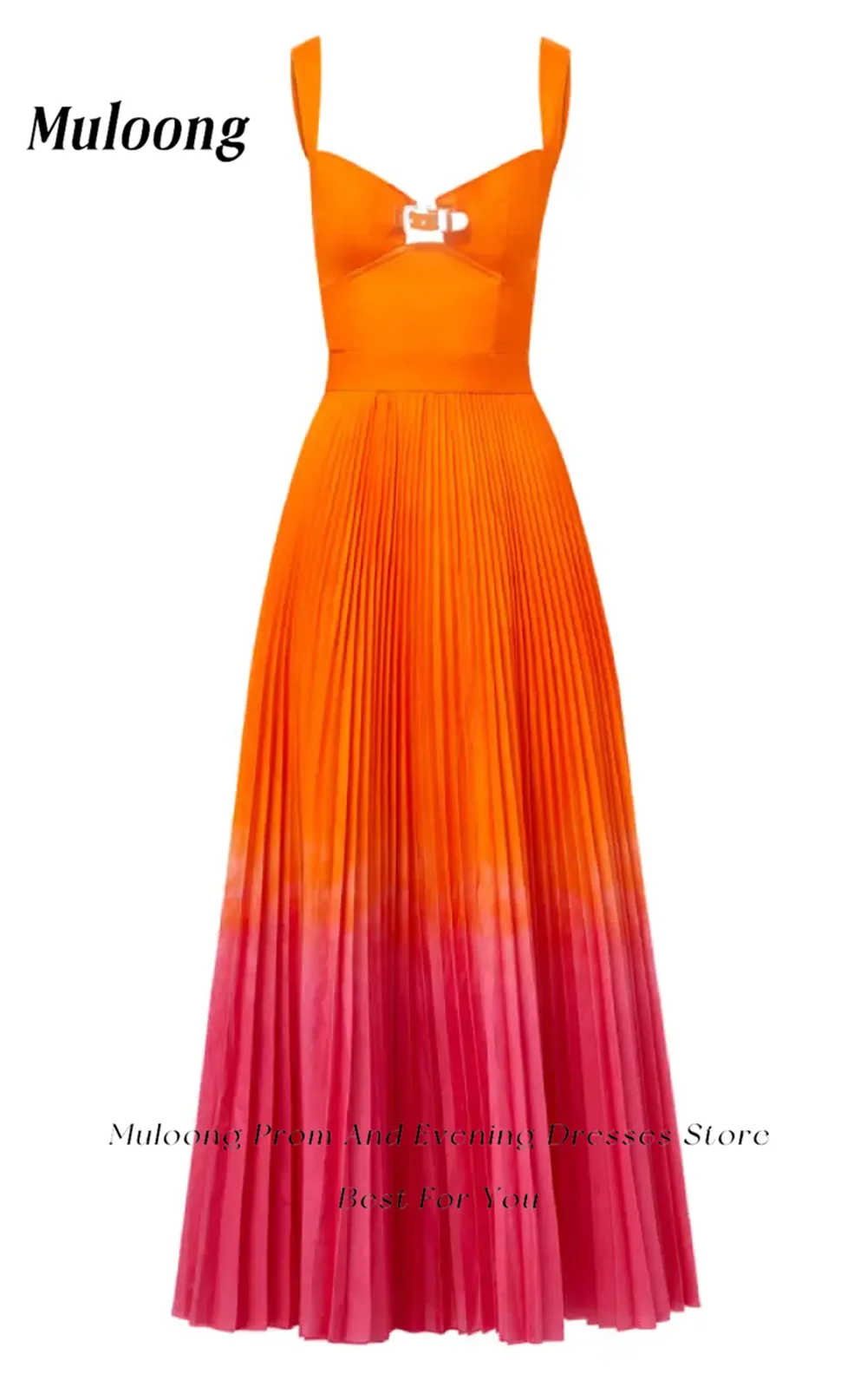 Muloong Orange and Fuchsia Sweetheart Midi Dress Full Pleated Classic Luxury Evening Dress Ankle Length Cocktail PartyDress