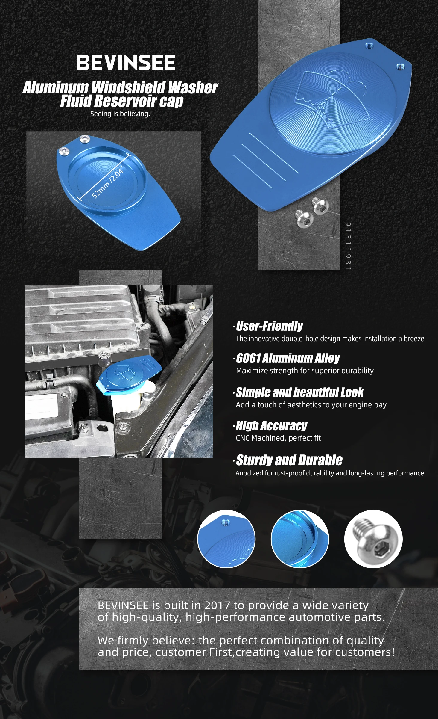BEVINSEE Aluminium-Scheibenwaschflüssigkeitsbehälterdeckel für VW Golf 7/7.5 GTI/R, Passat B8, Audi A3/S3/RS3 8V/8Y TT/TTS – Detail 7