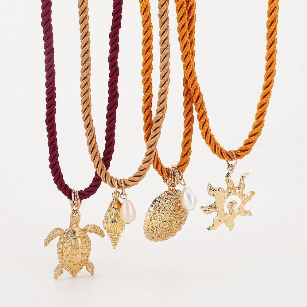 Ocean Style Bohemian Pendant Necklace Woven Rope Sea Turtle Pendant Fish-shaped Charms Jewelry Beach Vacation Chain Necklace