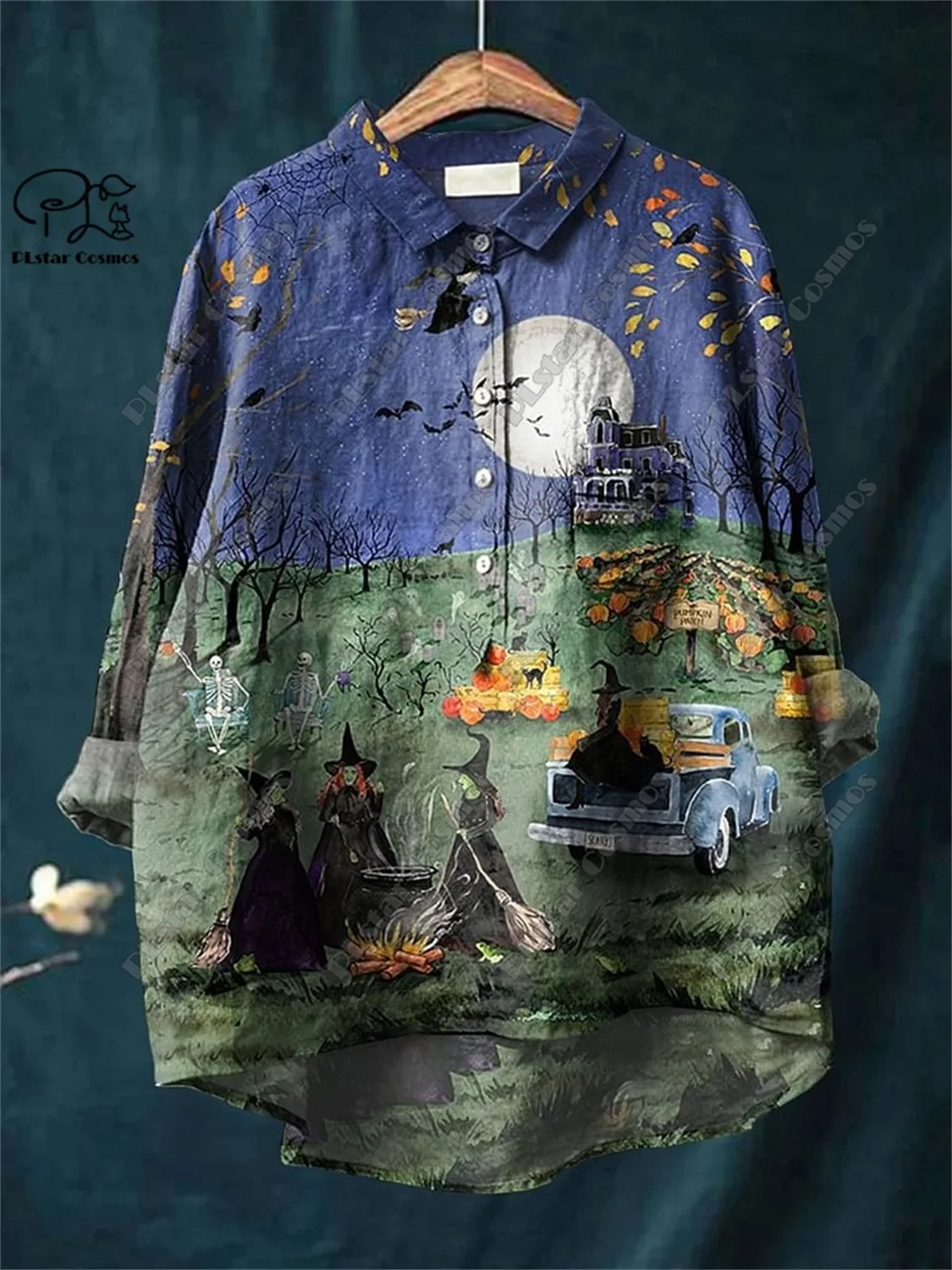 PLstar Cosmos new 3D printed women's loose retro Halloween skull cat witch ghost monster fun casual open tube shirt K-4