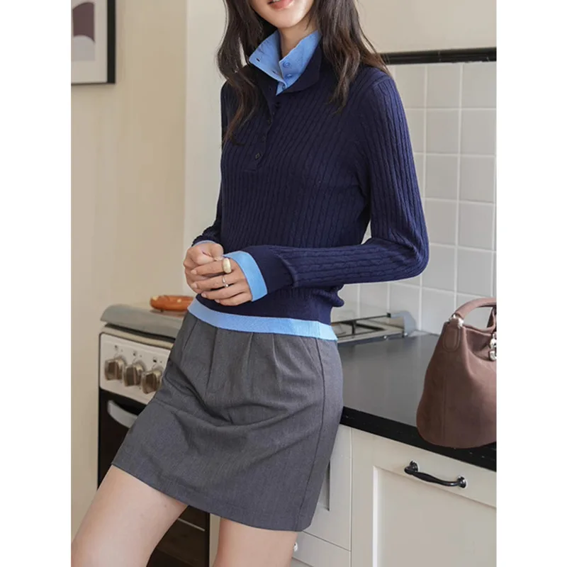 

Women Fake Two-Piece Knitted Twist Sweater Autumn Winter 32%Wool Color-Block Stand Collar Knit Sweater