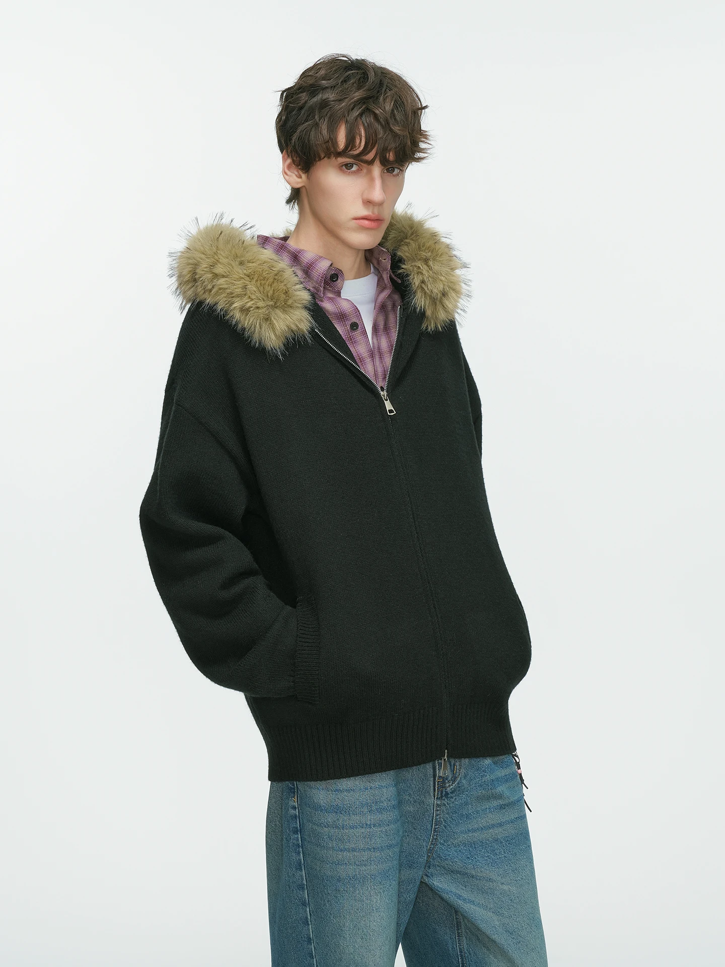 Men Women 2025 Autumn Winter New Couple Knitted Tops American Style Detachable Faux Fur Collar Hooded Cardigan Sweaters Jackets