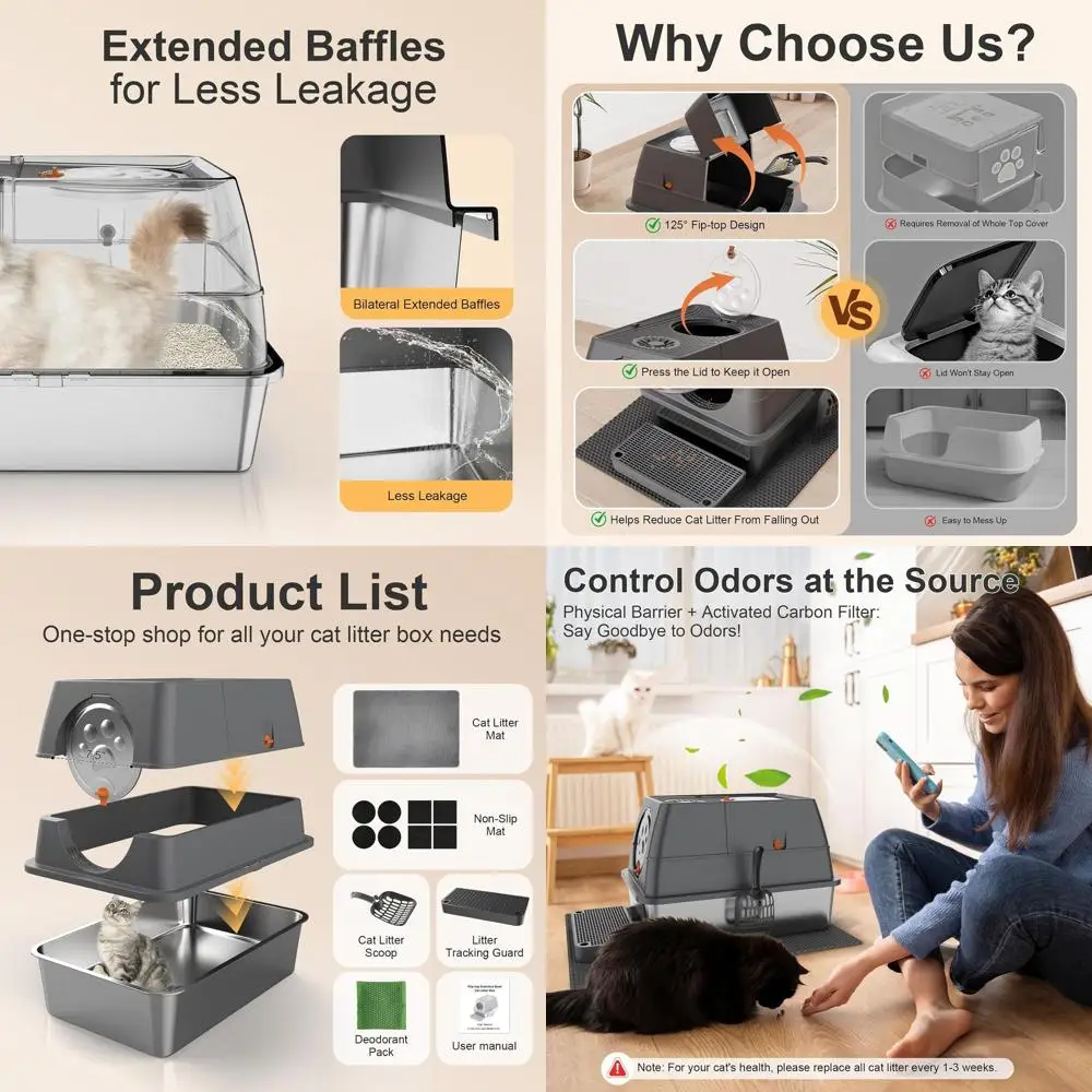 

Extra Large Enclosed Top Entry Metal Litter Box for Large Cats with Easy Clean, Less Leakage, High Sides, Mat, and Scoop, Dark G