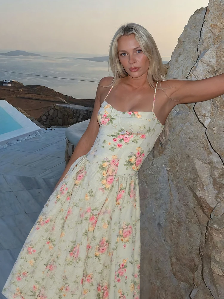 แปลก Puss ดอกไม้พิมพ์ชุดผู้หญิงฤดูร้อนสแควร์คอแขนกุดสไตล์หวานวันหยุด Beach Party ยาว Bodycon