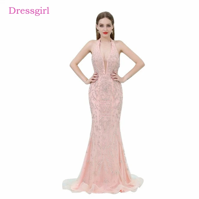 

Real Photo Pink Prom Dresses Mermaid Halter Tulle Beaded Backless Luxury Long Prom Gown Evening Dresses Robe De Soiree