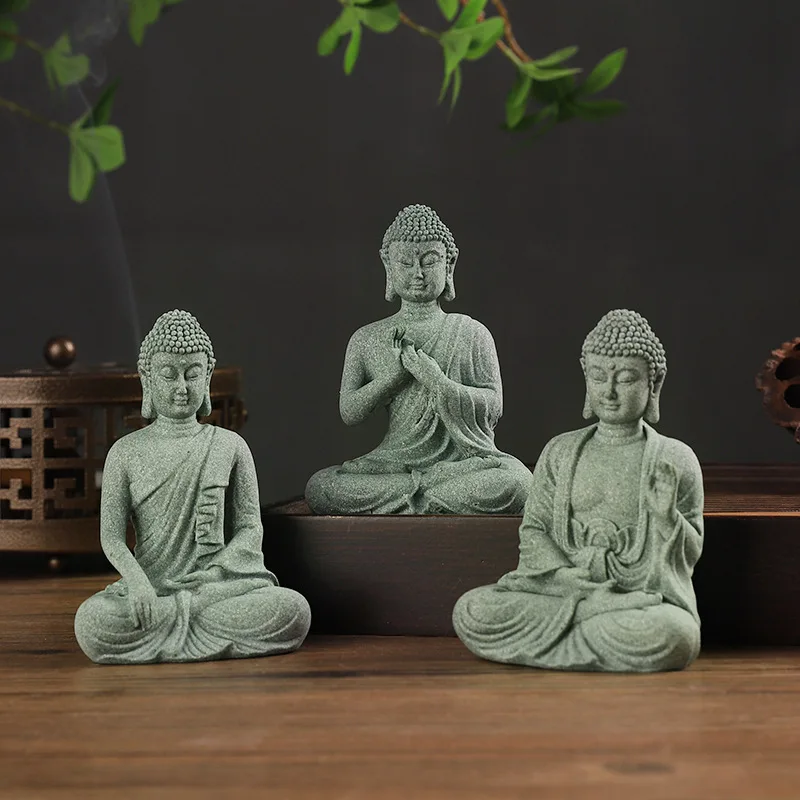 Buddha Garden Statue Fish Tank Decoration Mini Buddhism Figurine Desk Tablescape Decor Home Zen Statue Green Sandstone Thailand