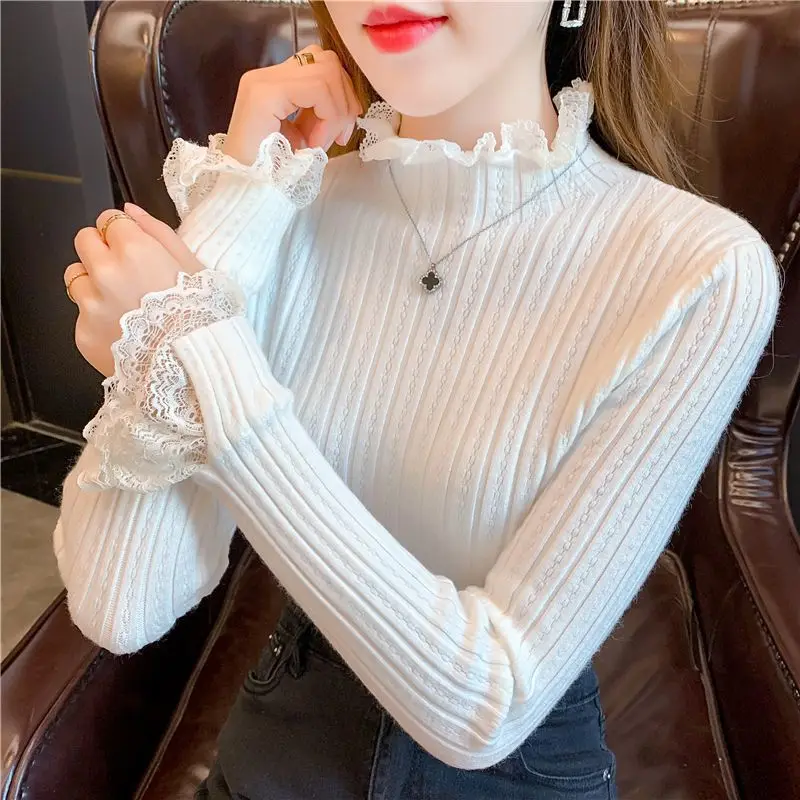 2025 nuevo Casual de encaje liso básico de punto Tops de mujer suéter de cuello alto de manga larga Jersey ajustado moda coreana Top Simple Chic