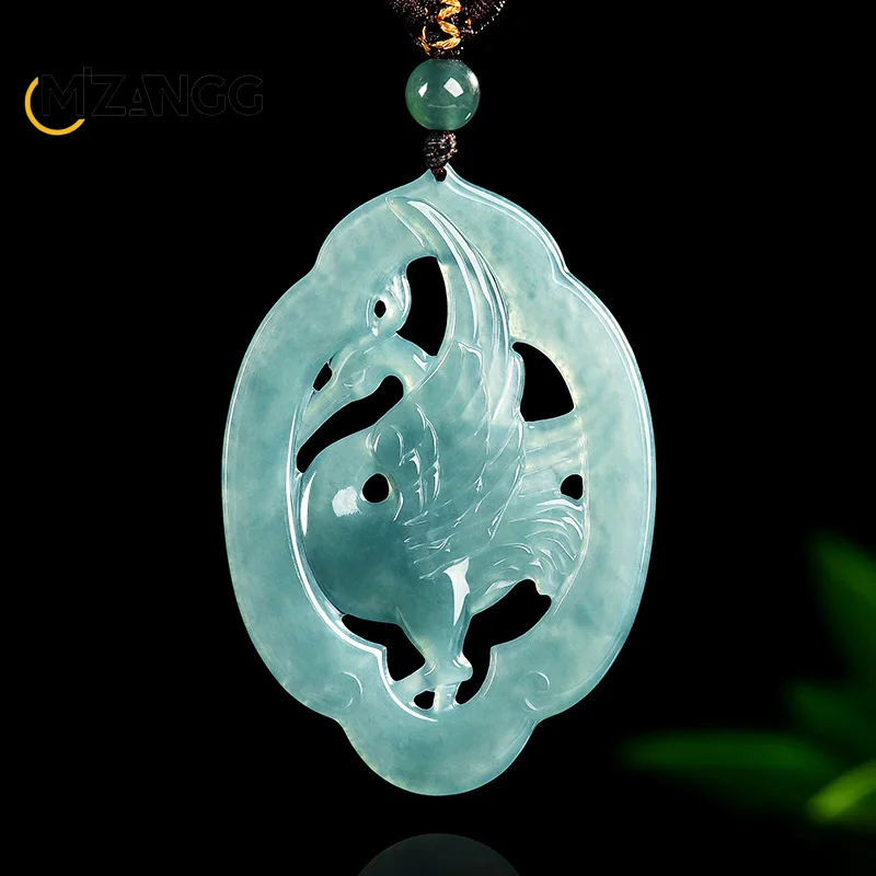 Natural Jadeite Featuring Blue Water White Egret Pendant Premium Fashion Ice-type Jadeite Necklace Men's & Women's Festive Gift