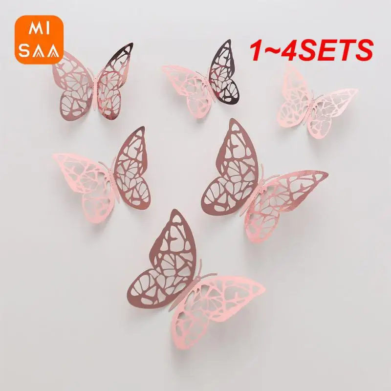 1~4SETS Cutout Butterfly Wall Sticker Artificial Butterfly Super Sticky Metallic Feel Party Decoration