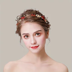 Red Handmade Rose Headband Decorated With Imitation Pearl Rhinestones For Brides, Women, Weddings, Parties, And Banquets