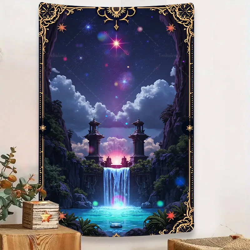 1pc Wall Tapestry Mystic Waterfall Tapestry with Starry Night Sky and Ancient Towers