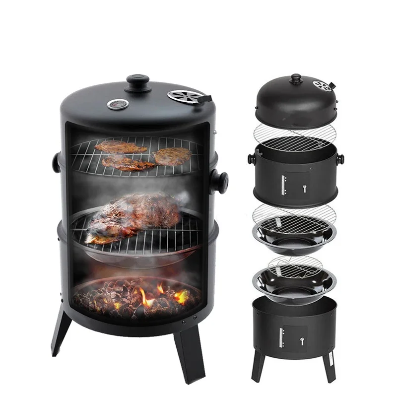 

3 In 1 Smokeless Charcoal Smoker Bbq Grill 3 Layers Tower Vertical Barrel Charcoal Barbecue Grill Smoker