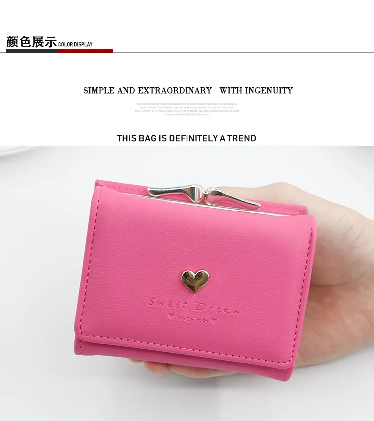 Einfarbige Vintage Kurze Geldbörse Neue Bonbonfarben Mode Damen Münzbörse Leder Herz-Verschluss Damen Mädchen Kartenhalter Clutch-Tasche