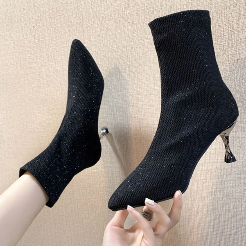 Ankle Boots for Women Stripper Pole Rhinestone Stiletto Heel Booties Y2k On Promotion Trend 2025 High Quality Woman Short Shoes