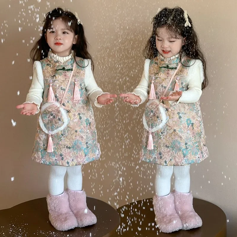 Girls Cheongsam Dress Autumn and Winter Children's Stylish Hanfu Baby Kids Vest Set New Year Greeting Outfit 2025 New