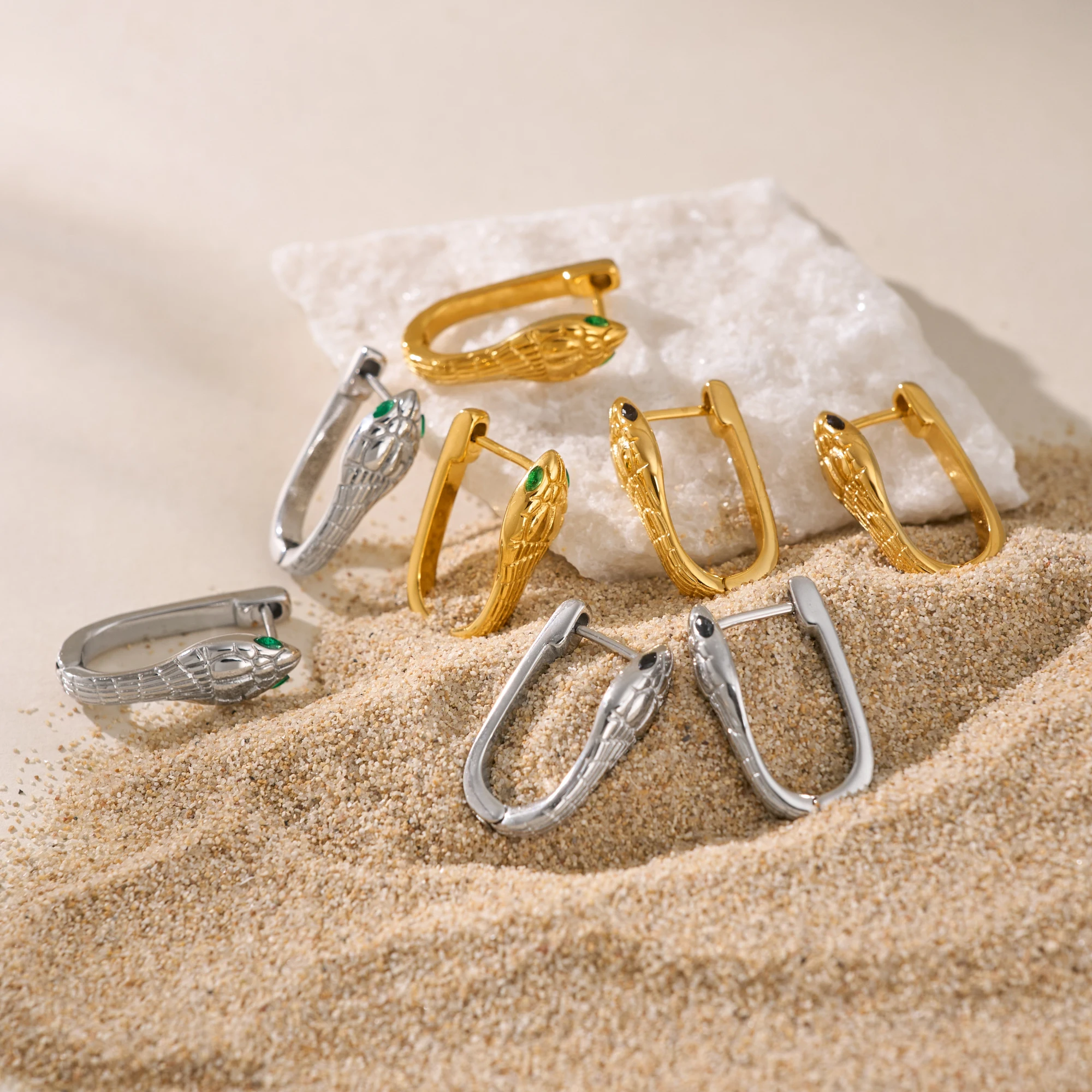 DASEIN Summer New Vintage Snake Green Zircon Hoop Earrings 18k Gold Plated Hypoallergenic Stainless Steel Actor Prop Jewelry