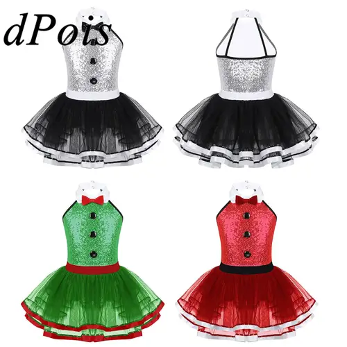 Vestido tutú de danza Jazz moderna para niñas, cuello Halter, lentejuelas brillantes, leotardo de baile de Ballet, esmoquin, fiesta Rave, disfraz de circo