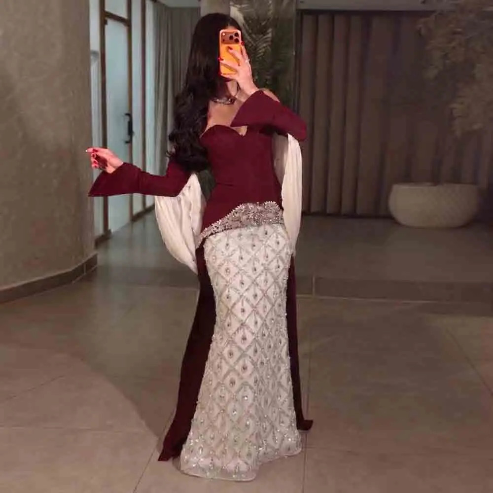 Customized Burgundy White Contrast Evening Dress Detachable Flare Long Sleeves Vestidos De Gala Beaded Mermaid Formal Gown
