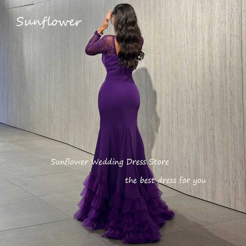 Sunflower Purple Sweetheart Crepe Prom dress 2024 Slim Lace Long Sleeve Evening Dress Zipper Up Tiered Mermaid Party Dress