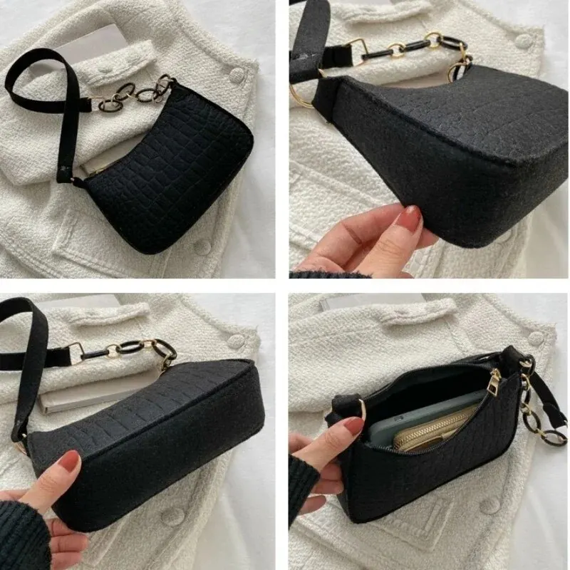 Women\'s Felt Design Luxury Handbag Women\'s Fashion Casual Handbag Crescent Shaped Small Square Bag Under The Shoulder Bag