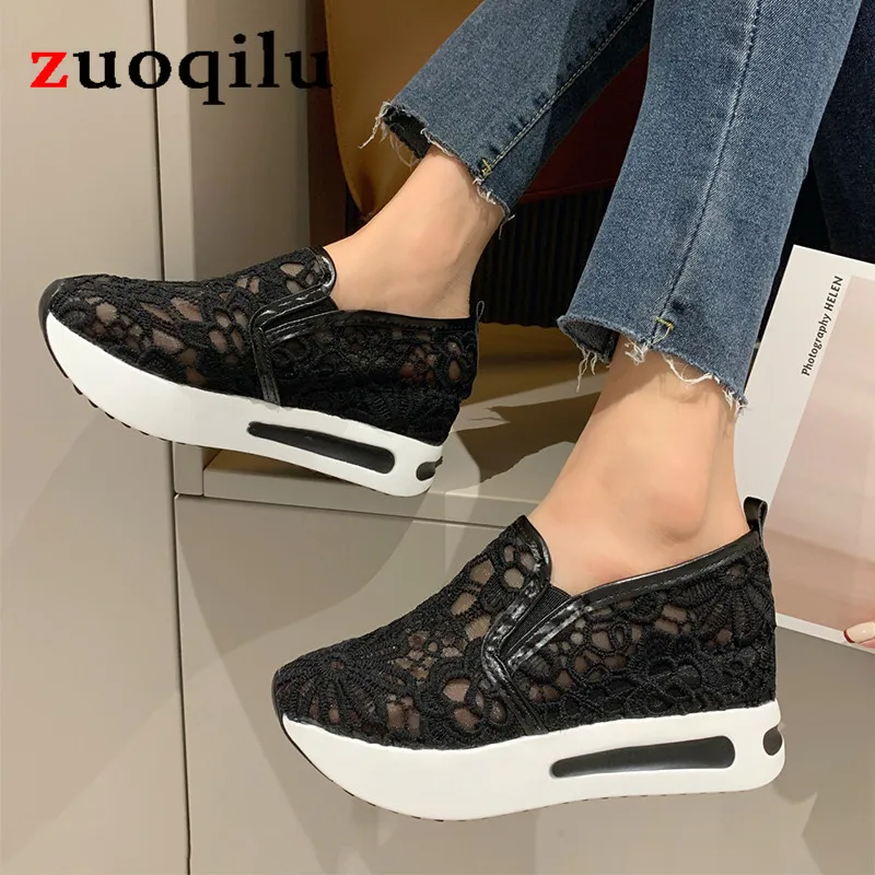 Lace Women Shoes casual Summer Wedges Shoes for Women Black White Breathable Lace Flower Sneakers Women Loafers Zapatos De Mujer