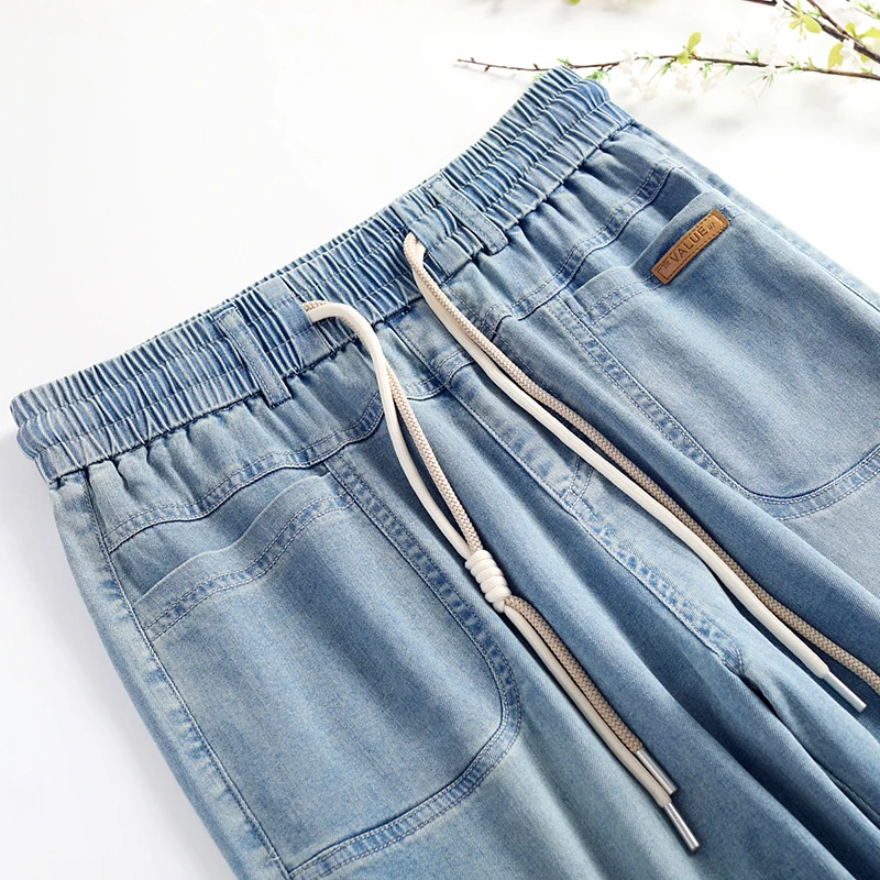 ZUZK Retro Summer Wide Leg Denim Pants For Women New Elastic Waist Thin And Loose Jeans With A Draping Feel Washed Casual Pants