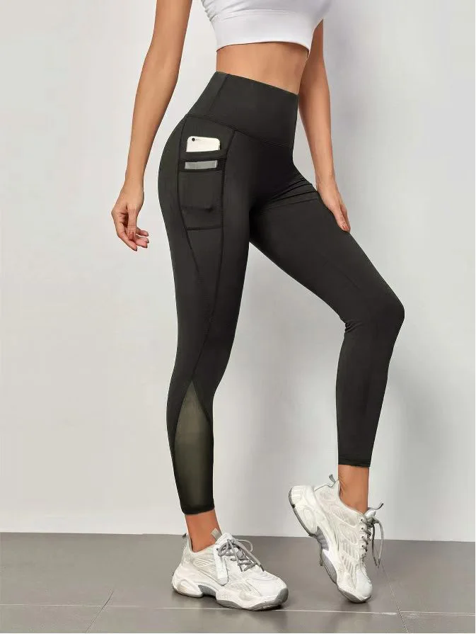 Women's high-waisted yoga pants, mesh stitching large pockets, hip-lifting, sports casual leggings, fitness and fitness clothing