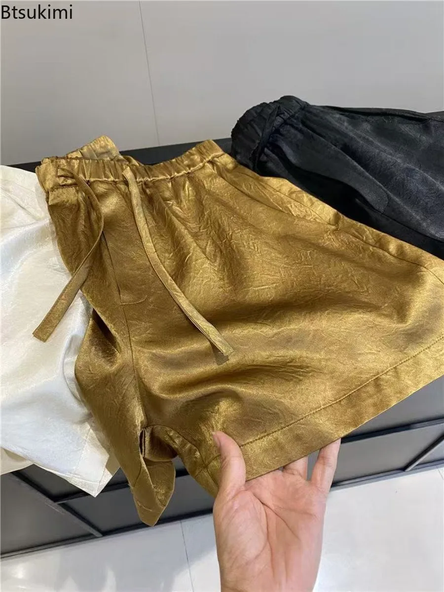 جديد الصيف المرأة الصلبة الساتان السراويل غير رسمية الرجعية الحرير الجليد الملمس مرونة الخصر فضفاض السراويل موضة تنوعا النساء السراويل الساخنة