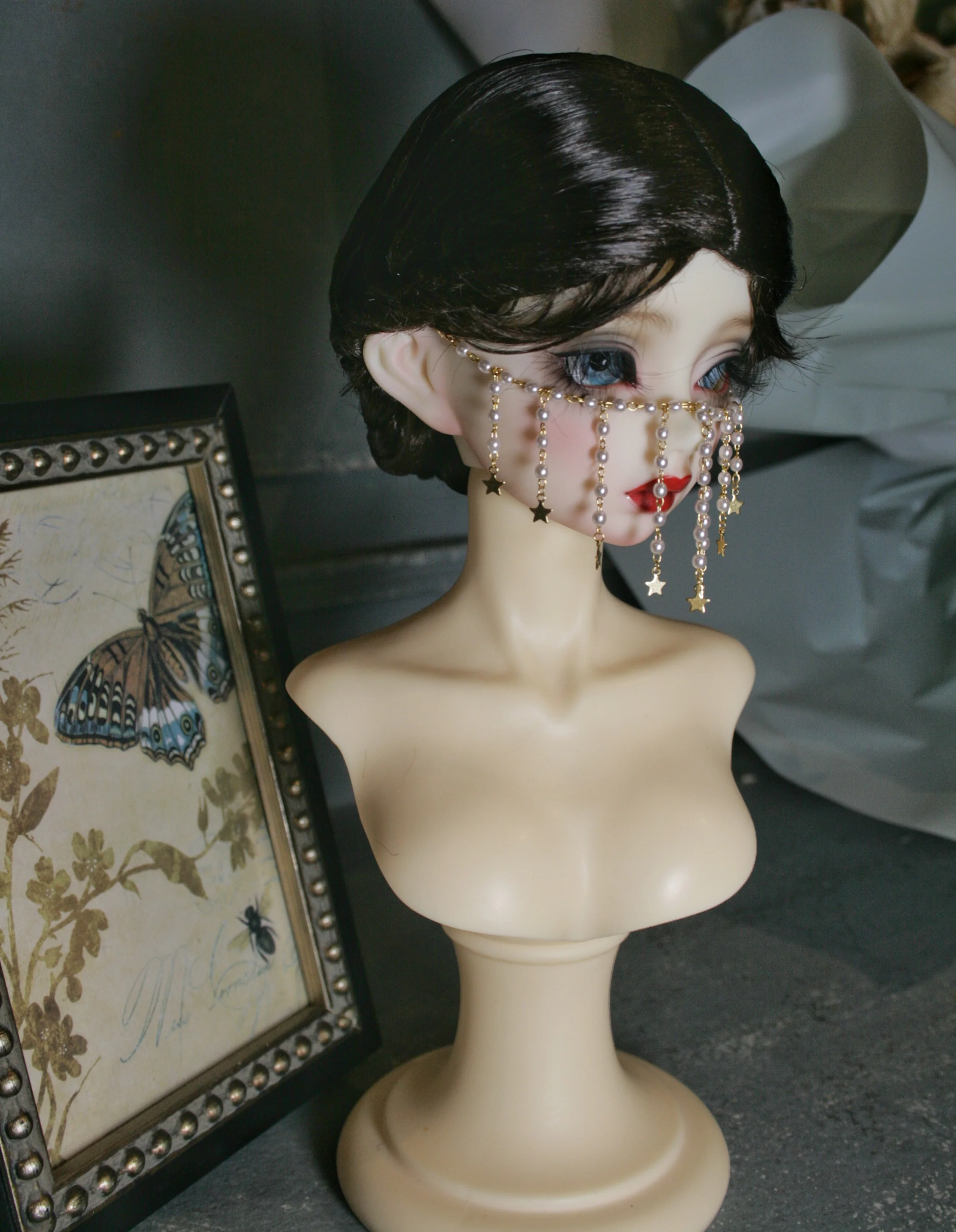 D10-A014 children toy BJD DD SD MSD 1/4 1/3 uncle doll's Accessoriess jewelry gold Tassel pearl face curtain customized mask 1pc