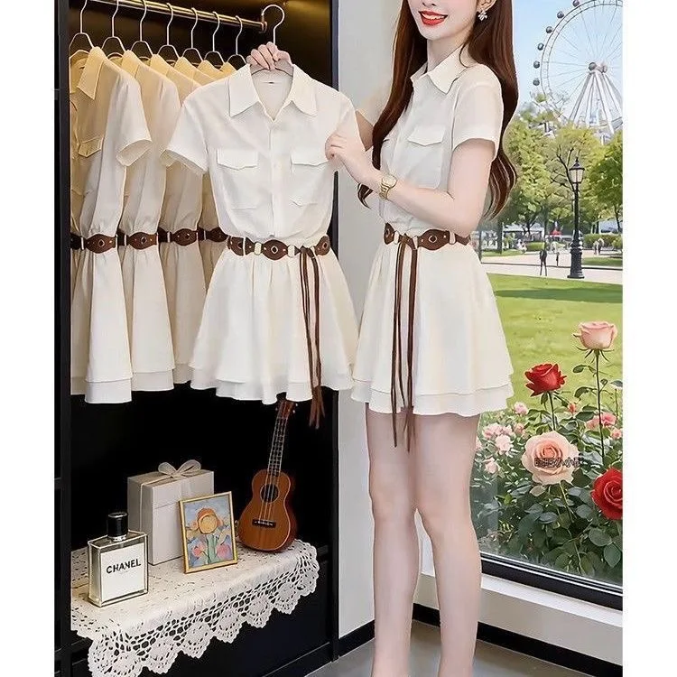 Korean Gentle Style Short Sleeve Shirt Dress Women's A-Line Skirt Elegant Youthful Beautiful Summer New Arrival Straight Cut