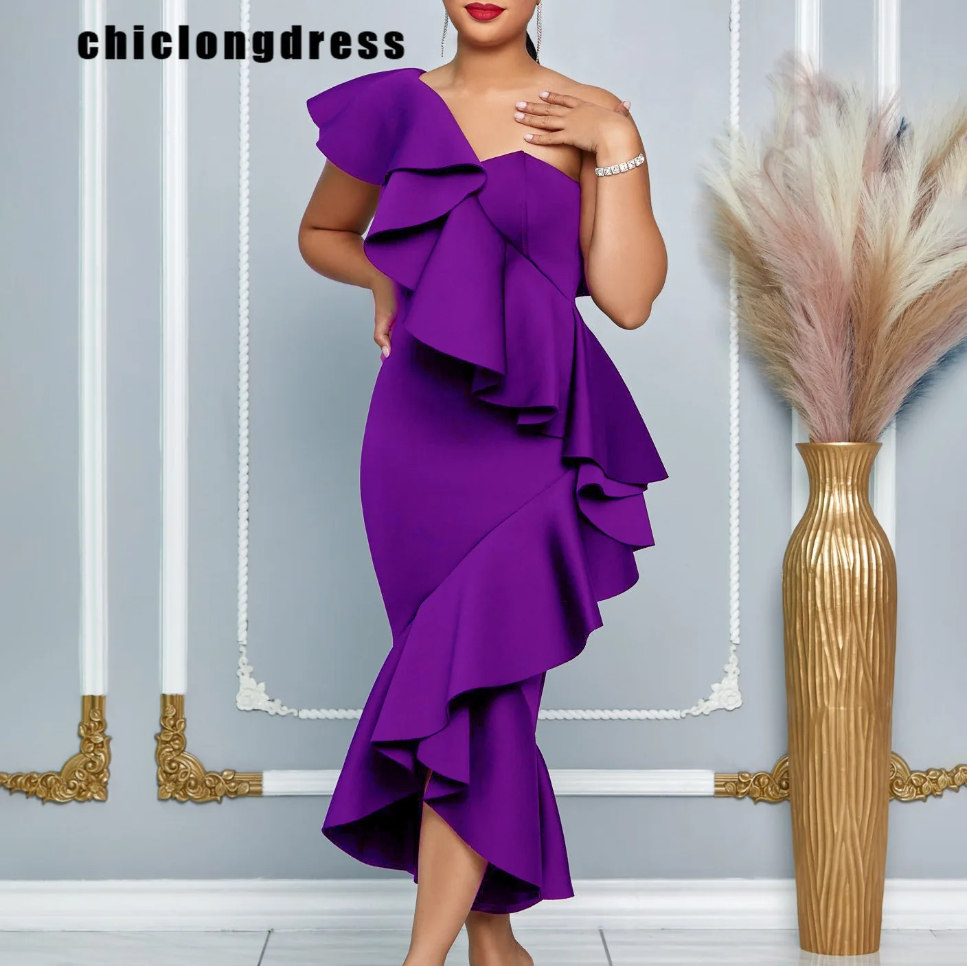 

Summer Elegant Ruffle Evening Dress African Women Fashion Solid Slanted Neck Off Shoulder Sleeveless Party Dress Women