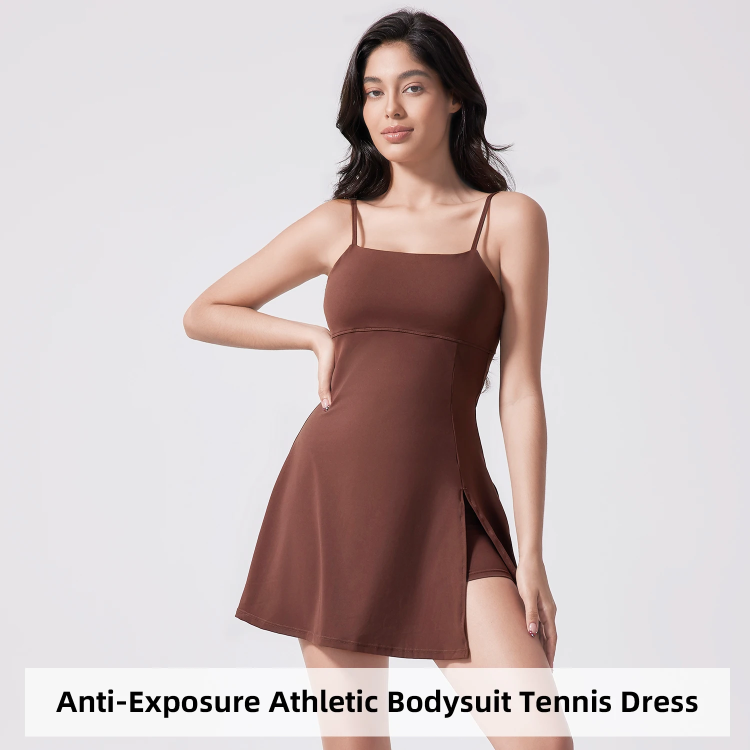 Women's Fashion Side-Slit Anti-Exposure Tennis Dress with U-Back Thin Strap Slim-Fit Breathable Sporty Skirt