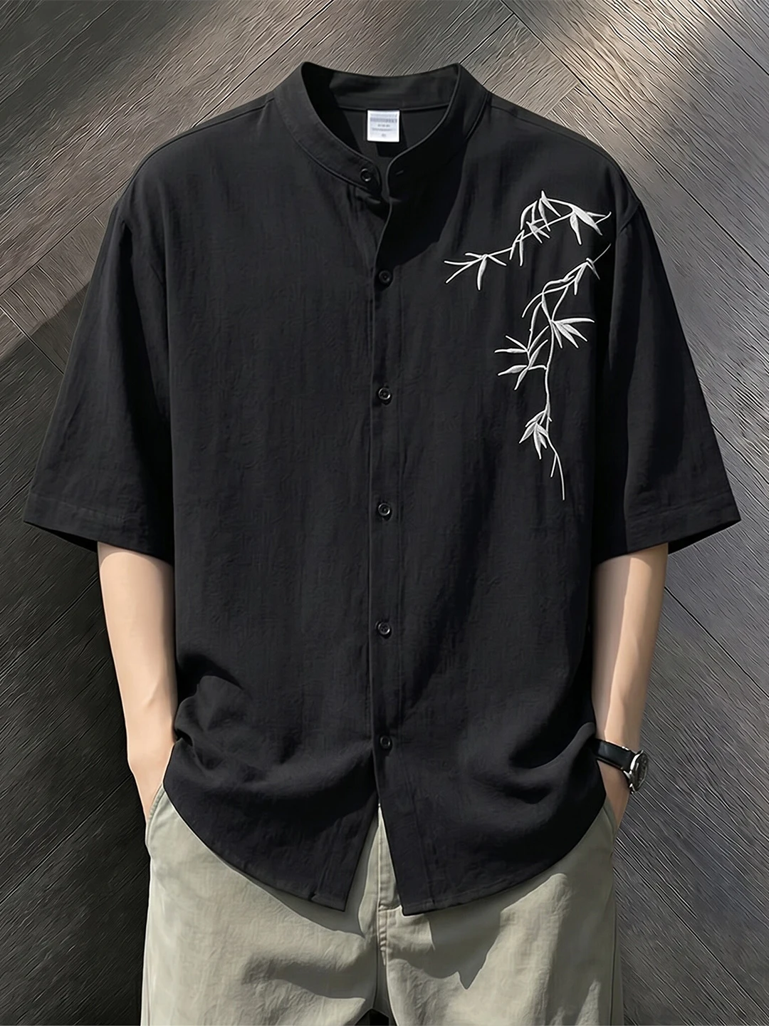 Elegant Embroidered Bamboo Leaf Collar Shirt Men's Loose Fit Short Sleeve Chinese Style Breathable Summer Casual Shirt