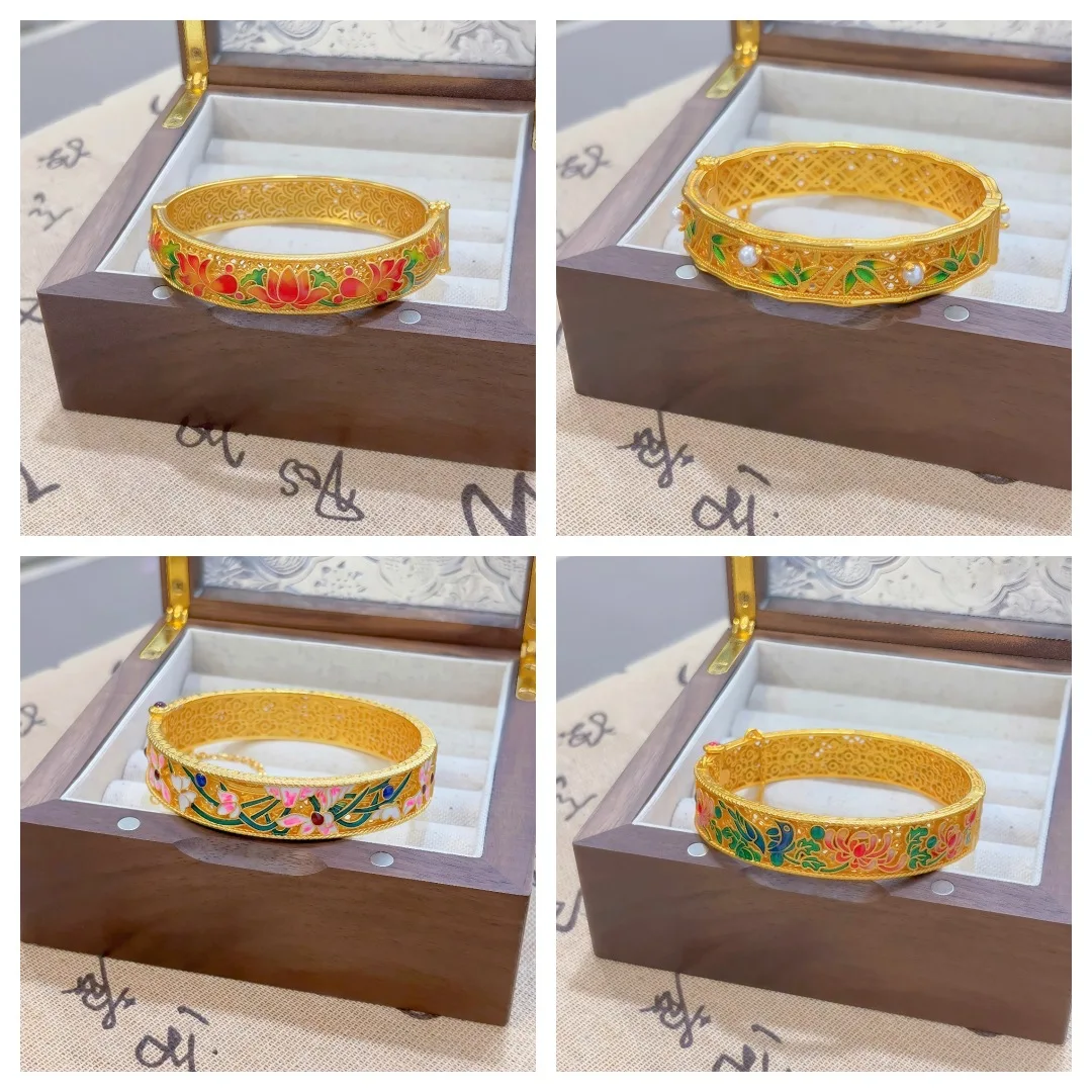 

Женский императорский браслет из 24-каратного золота (AU999) | Граненая манжета, филигранная облачная граница с бирюзовой эмалью