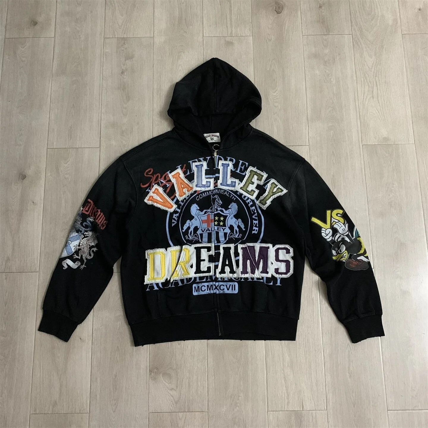 VALE FOREVER VALLEY American Street Heavyweight Patch Embroidery Zip Up Hoodie, Unisex Loose Casual Jacket