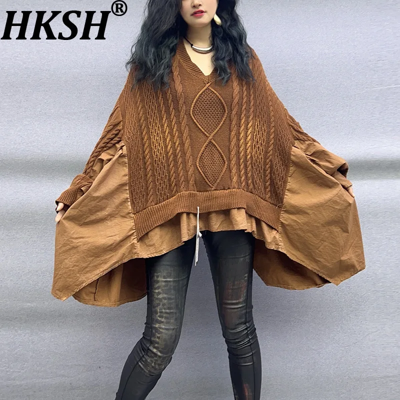 

HKSH Autumn New Women Pullover Sweater V-neck Distressed Knit Patchwork Ruffled Batwing Sleeves Retro Ins Oversized Tops HK17426